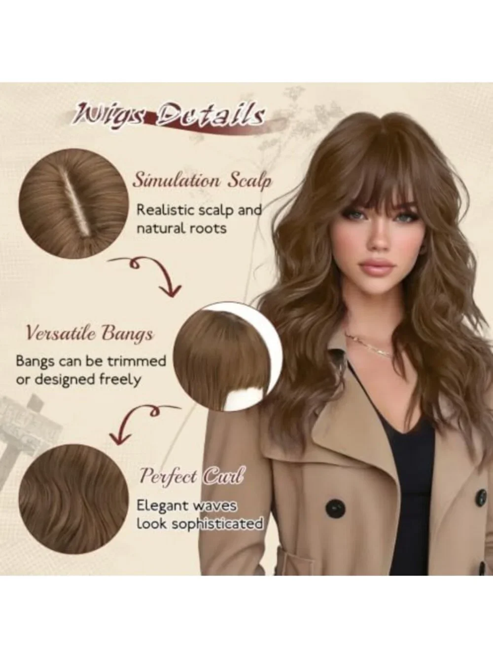 20 Inch Brown Wig with Bangs - Soft Wavy Heat Resistant Synthetic Hair for Daily